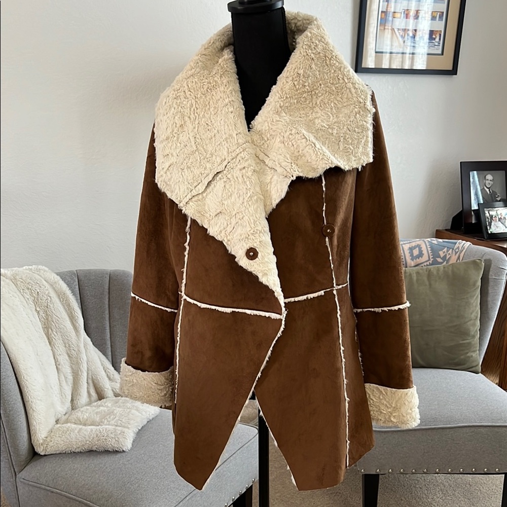 Brown Shearling Coat with Cream Accents